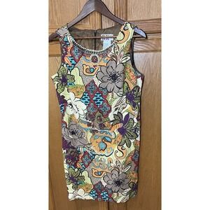 R&K R K Linen Rayon Blend Sleeveless Shift‎ Dress Floral Lined Beaded Size 12